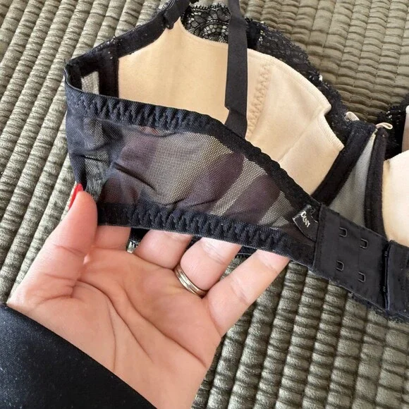 DKNY 34D Black Lace Balconette Plunge Sheer Floral Underwire Bra Lingerie - Picture 3 of 15